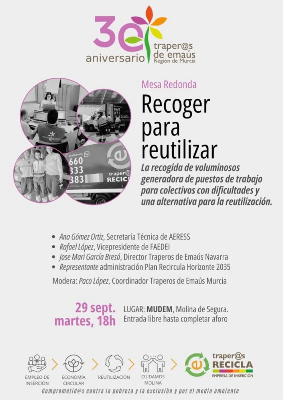 Cartel del acto por el 30 aniversario de Traperos de Emaús en Molina de Segura