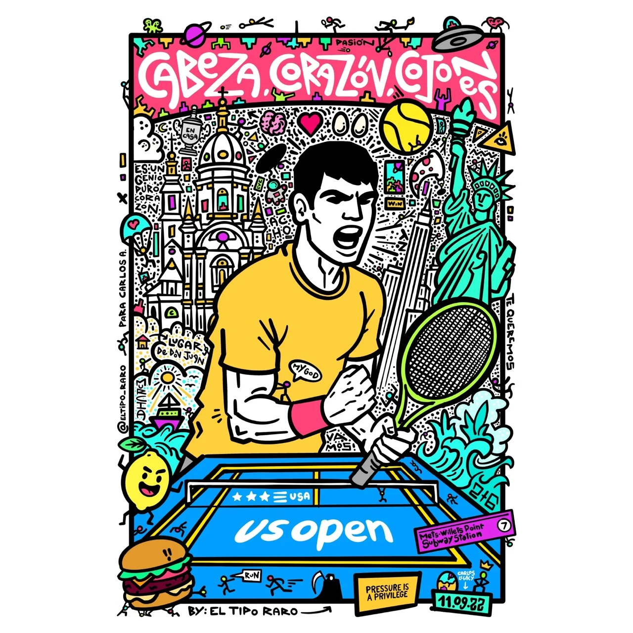 Ilustración de El Tipo Raro dedicada a Carlos Alcaraz y el US Open