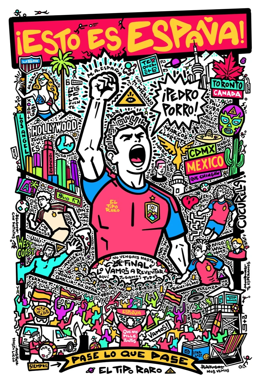 Ilustración de El Tipo Raro con referencias a España, deporte y cultura visual