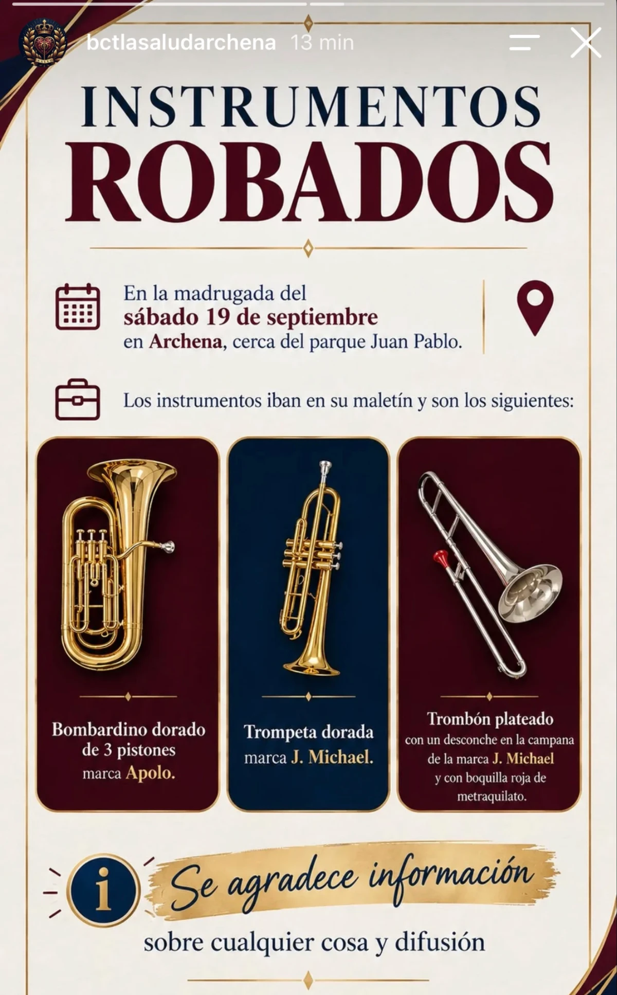 Aviso difundido por la Banda de Cornetas y Tambores Nuestra Señora de la Salud de Archena con los instrumentos robados