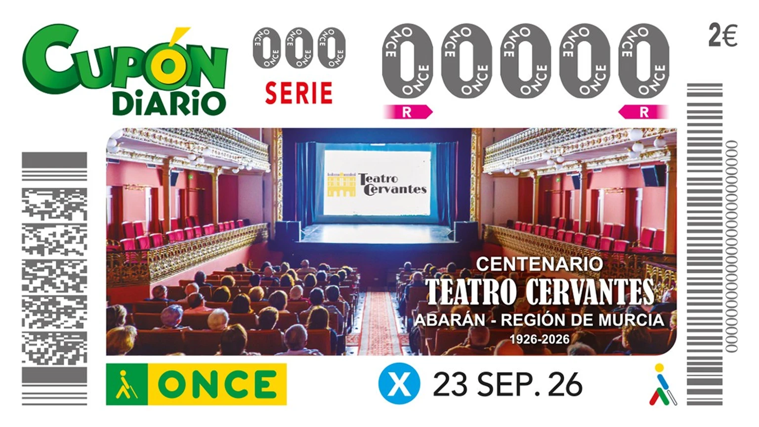 Cupón de la ONCE dedicado al centenario del Teatro Cervantes de Abarán. Imagen: ONCE.