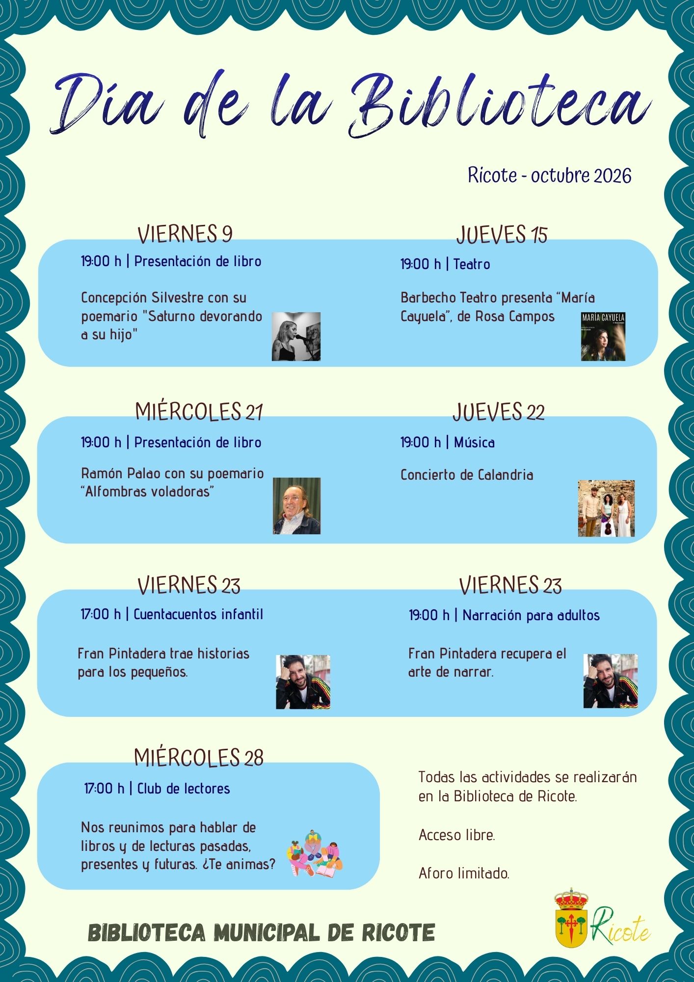 Programa de octubre de 2026 de la Biblioteca Municipal de Ricote, con las fechas y horas de las actividades